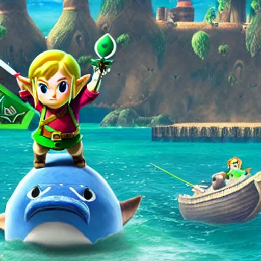 Prompt: the legend of zelda : link's awakening flying whale scene pixar movie still