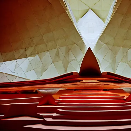 Image similar to interior of a futuristic lotus temple with gold, red and white marble panels, in the desert, by buckminster fuller and syd mead, intricate contemporary architecture, photo journalism, photography, cinematic, national geographic photoshoot