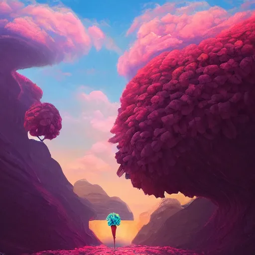 Image similar to giant carnation flower as a head, girl hiking in a canyon, surreal photography, sunrise, dramatic light, impressionist painting, colorful clouds, digital painting, artstation, simon stalenhag