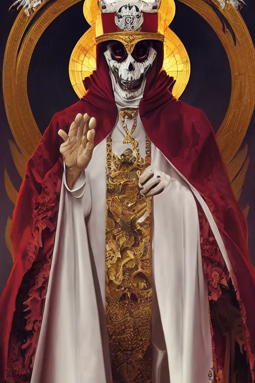Prompt: portrait of an evil pope in ceremonial robes plotting against humanity, ghost, Papa Emeritus, highly detailed, digital painting, artstation, concept art, sharp focus, illustration, art by artgerm and greg rutkowski and alphonse mucha