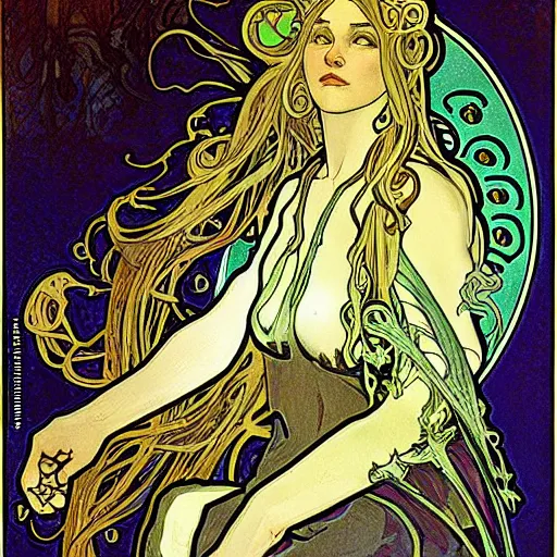 Image similar to lovecraftian protagonist by alphonse mucha