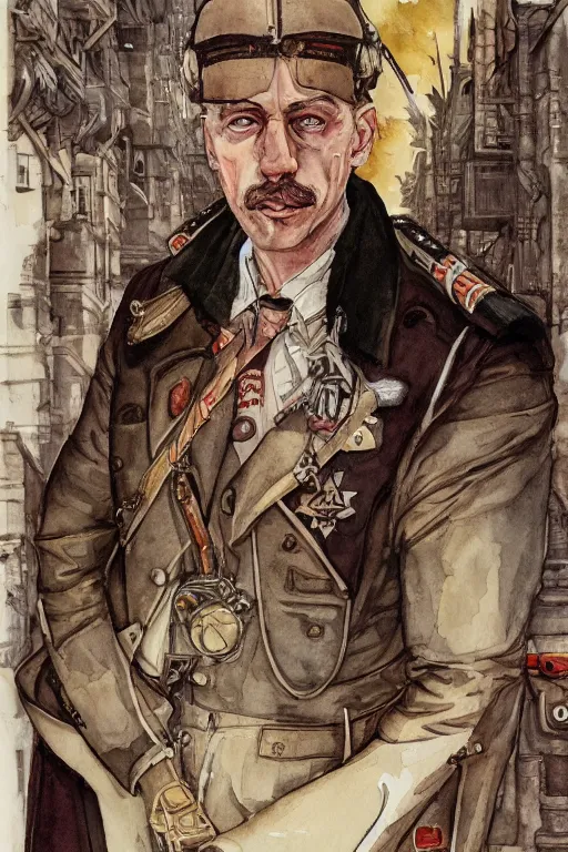 Image similar to zoomed out portrait of a german duke, stylized illustration, watercolor gouache detailed paintings from enki bilal, dieselpunk, solarpunk, artstation