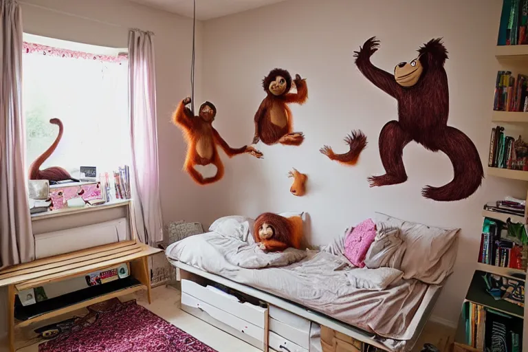 Image similar to lofi girl bedroom, lofi girl is an orangutan