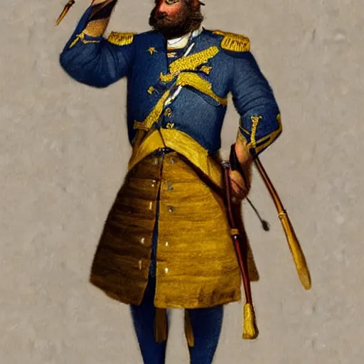 Image similar to high quality high detail character design of a colonial general, blue and yellow, photorealistic lighting