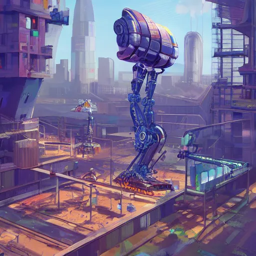 Image similar to Construction robot in utopian city, digital art, detailed, realistic, artstation, daylight