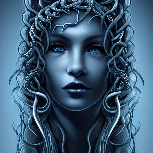 Prompt: high detail concept art, dark portrait of medusa, deep blue, silver snakes, dark fantasy, backlight, atmospheric, trending on artstation