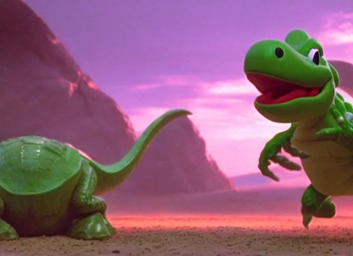 Image similar to film still of yoshi in the new sci - fi movie, cute upright standing upright upright dinosaur standing on its hind legs with a small red turtle shell and sticking out a long sticky tongue, 8 k