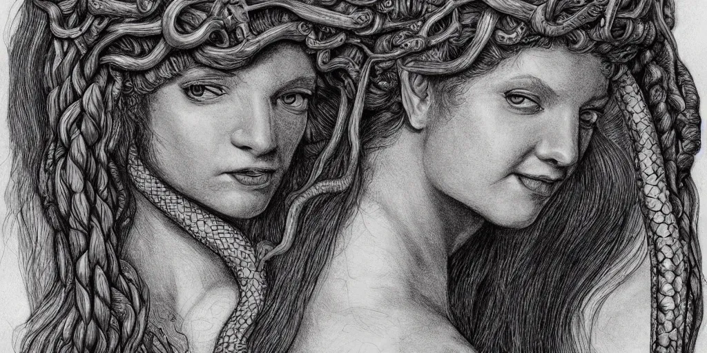 Image similar to realistic portrait of a beautiful symmetrical smiling medusa with her snake hair, 1450, ink, ultra realistic, 8k