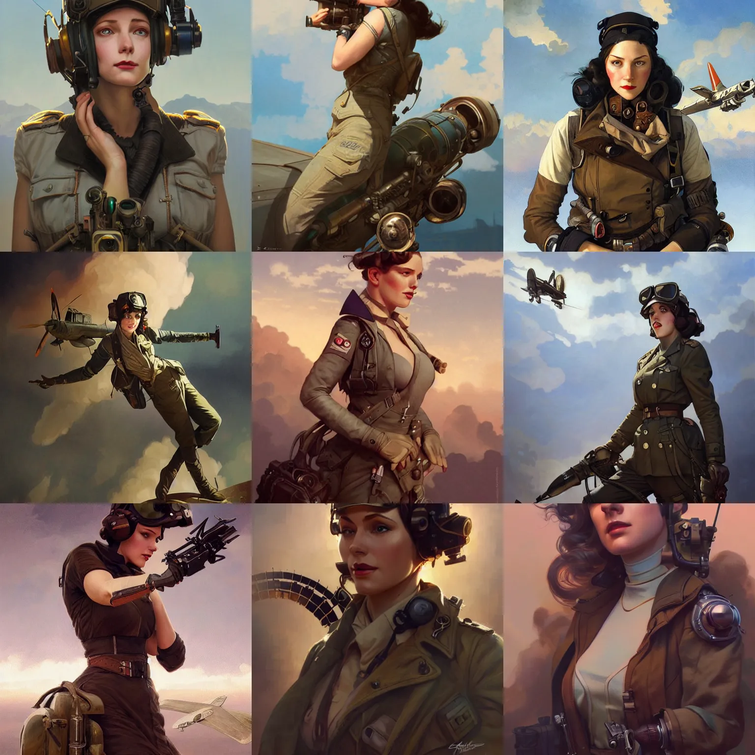 Prompt: dieselpunk aviatrix, portrait, highly detailed, digital painting, artstation, concept art, sharp focus, illustration, art by artgerm and greg rutkowski and alphonse mucha