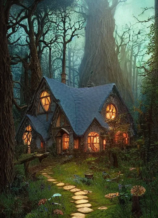 Image similar to hyper realistic homely ornate modern witch cottage distant down a path in the woods gorgeous lighting, blue sky, highly detailed, lush forest by zdzisław beksinski and norman rockwell and greg rutkowskiweta studio, and lucasfilm