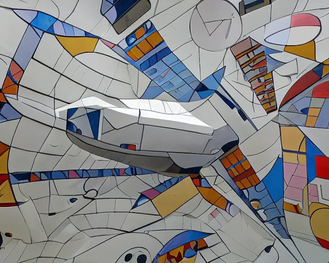 Prompt: photo of minimalist abstract cubist sculpture of curvy spaceship with random small mecha mayan decorations, covered with few large white airplane parts with windows and doors, as a large relief mural