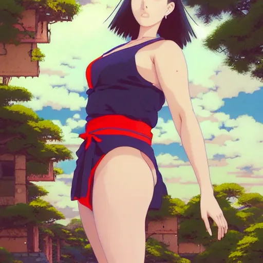 Image similar to a beautiful plus sized model japanese natalie portman, alluring plus sized model, wearing mayan leotard with elegant mayan apron overalls, street fashion hip hop style with mayan patterns, aztec street fashion, gapmoe yandere grimdark, trending on pixiv fanbox, painted by greg rutkowski makoto shinkai takashi takeuchi studio ghibli, akihiko yoshida