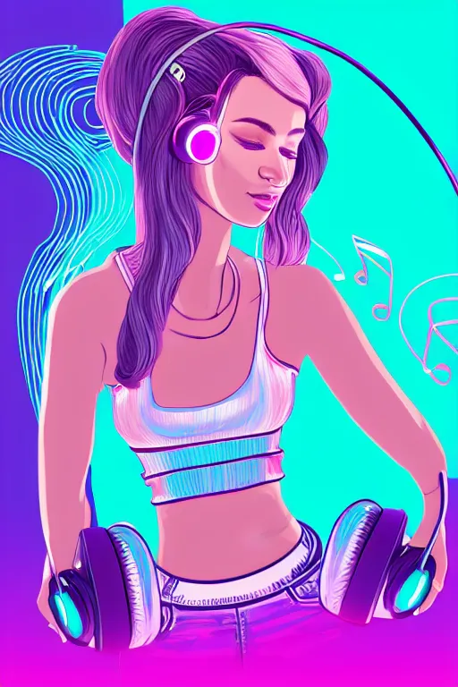 Image similar to a award winning half body portrait of a beautiful woman with stunning eyes in a croptop and cargo pants with ombre purple pink teal hairstyle listenin to music with headphones on her ears by thomas danthony, surrounded by whirling illuminated lines, outrun, vaporware, shaded flat illustration, digital art, trending on artstation, highly detailed, fine detail, intricate