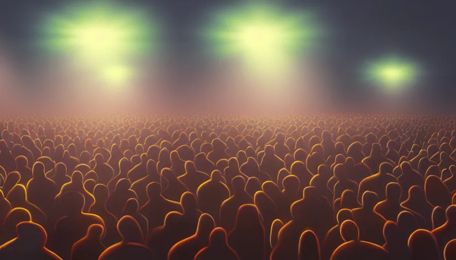 Prompt: painting of a crowd with extended arms towards glowing sky, volumetric lighting, nasty, hyperdetailed, realistic