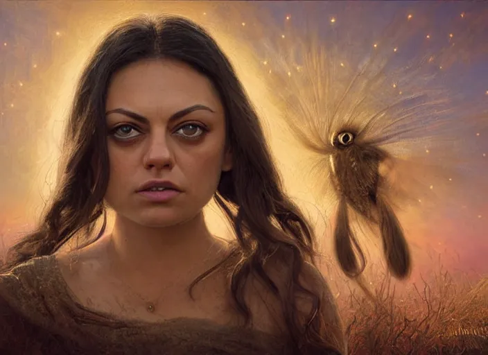 Image similar to big-eyed surprised Mila Kunis staring intensely into the camera, sundown golden hour firefly wisps, Lilia Alvarado, Sophie Anderson, Mark Arian, Bob Byerley, Charlie Bowater, Mark Brooks, Steve Henderson, Justin Gerard, Arthur Hughes, Edward Robert Hughes, Mark Keathley, Victor Nizovtsev, Carlos Shwabe, Ross Tran, WLOP