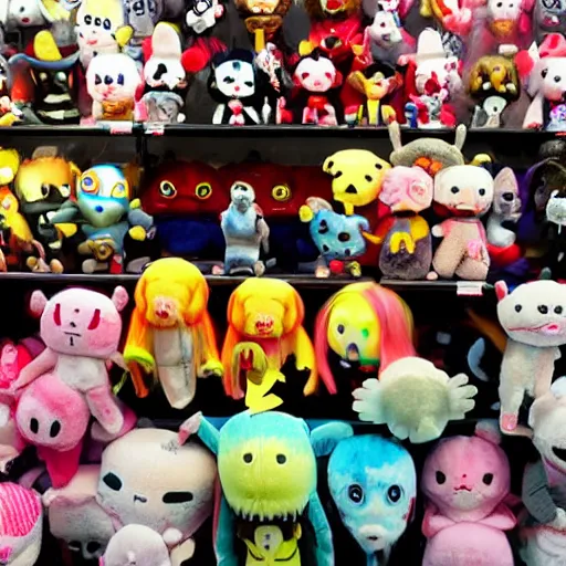 Prompt: haunting plushies being sold at an amusement park, devilish, nightmare - fuel, scary, cursed, evil, dark