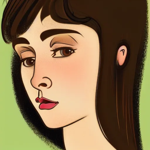 Image similar to chubby brunette woman with straight hair in a short bob, round face, romanian heritage, brown eyes, olive skin, bulbous nose, big chin, no bangs, digital art, cartoon, 8k, illustration, art nouveau, Alphonse Mucha, trending on artstation, medium shot, head shot