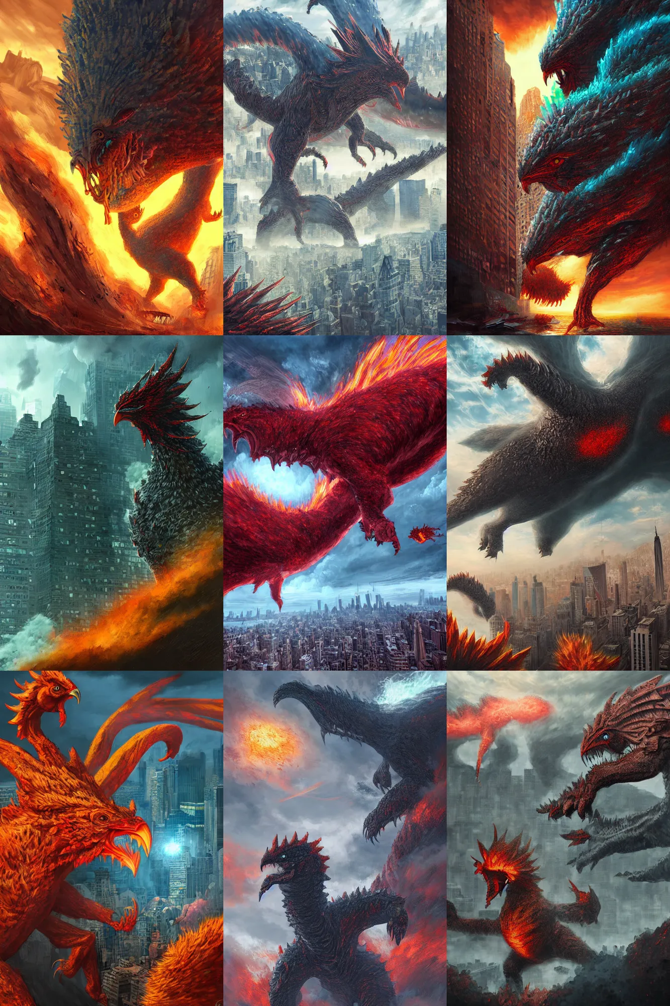 Prompt: stunning, very detailed digital painting of a giant kaiju chicken destroying new york, dramatic, epic, disaster, destruction, chaos, artstation 4 k, high quality