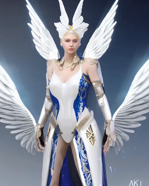 Image similar to perfect white haired egyptian goddess wearing white dove wings, warframe armor, regal, attractive, ornate, sultry, beautiful, charlize theron, half asian, pretty face, blue eyes, detailed, scifi platform, 4 k, ultra realistic, volumetric lighting, illuminated, cinematic, masterpiece, art by akihito tsukushi, voidstar