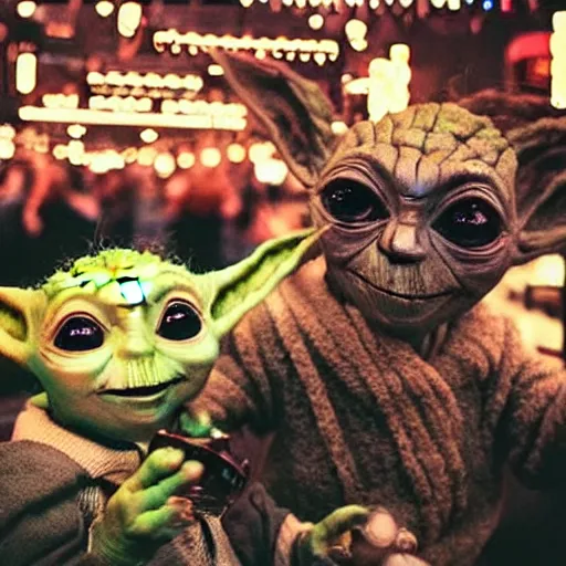 Image similar to “Baby yoda and Groot drinking beer at Oktoberfest , cinematic lighting”