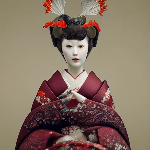 Prompt: portrait of a geisha porcelain doll, fractal, intricate, elegant, highly detailed, digital photography, subsurface scattering, by jheronimus bosch and james jean and greg rutkowski,