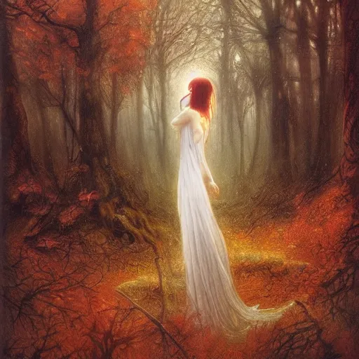 Image similar to portrait of a dryad in a forest of fey autumn maples by greg rutkowski and brian froud dark mysterious, filtered evening light