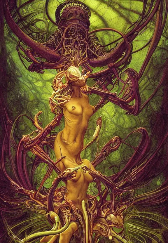 Image similar to simplicity, elegant, colorful glowing muscular cybernetic eldritch, flowers, bodies, radiating, mandala, psychedelic, shadows, by h. r. giger and esao andrews and maria sibylla merian eugene delacroix, gustave dore, thomas moran, pop art, giger's biomechanical xenomorph, art nouveau