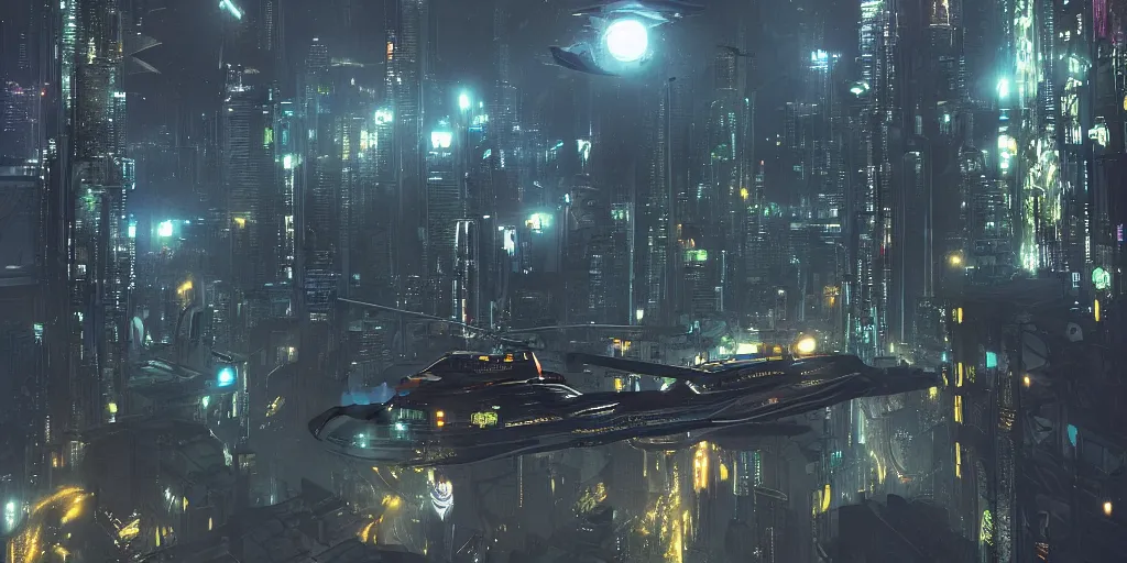 Prompt: futuristic science-fiction helicopter at night over a cyberpunk city, rain, mist, spaceships, skyscrapers _ james gurney, greg rutkowski, unreal engine