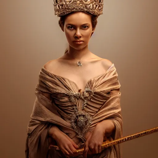 Prompt: a portrait of a beautiful woman wearing a crown, holding a staff, ruler of the world, goddess, princess, silky clothes, light fog, queen of the world, realistic, 8k, ambient lighting, cinematic lighting, depth of field, wide shot,