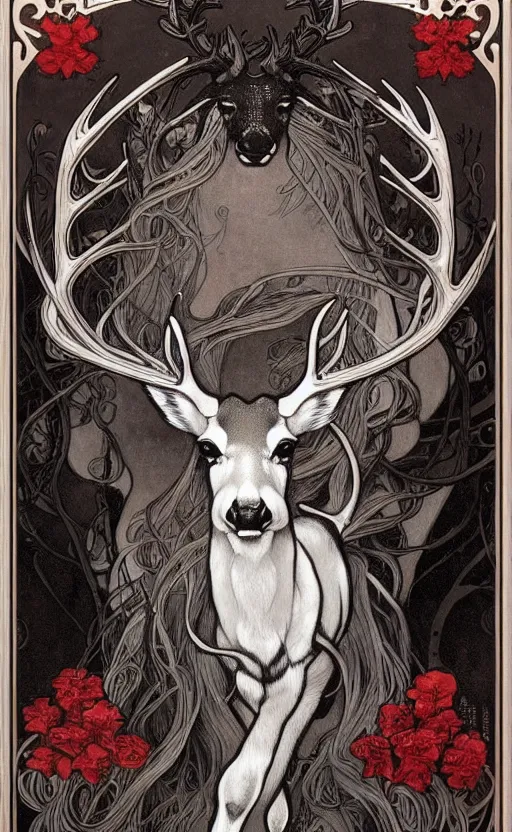 Image similar to black and white deer, with highly detailed with red flowers, long flowing mane and tail, ultra high detail, symmetry, in a hellscape, detail art style of alfons maria mucha, and peter mohrbacher atyles god lighting