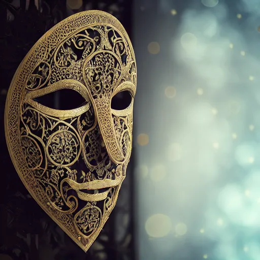 Image similar to an elaborate intricate mask made of wind, rendered in octane, behance hd, bokeh backdrop