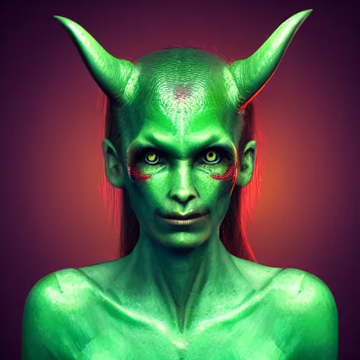 Image similar to realistic female alien, medium shot portrait, devil horns,,!!!!! human eyes!!!!!!, green body. red eyes, background flames