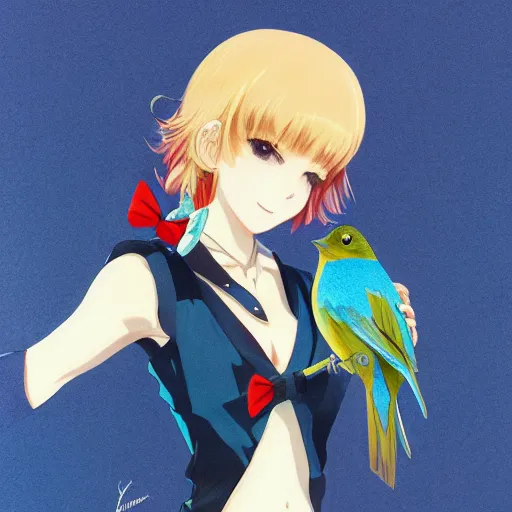 Prompt: colored pencil, anime art, beautiful full body female pinup girl, she is holding an indigo bunting bird, in her hand, the bird is wearing a bowtie, wlop, rossdraws sakimimichan, ilya kuvshinov, krenz cushart