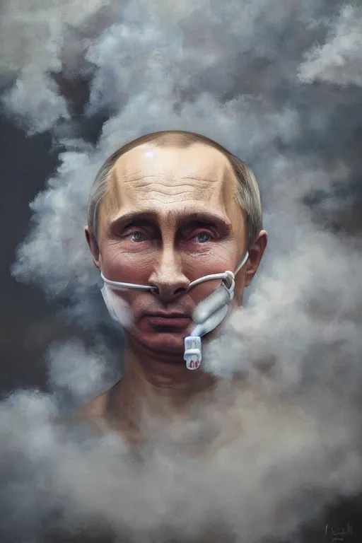 Prompt: a very hyperrealistic oil painting of ill Vladimir Putin as a patient wearing an oxygen mask lying in bed inhaling white clubs of smoke from Copium tank that stand near his bed, visible face, distant shot, oil painting, highly detailed, hyper realistic, volumetric lighting