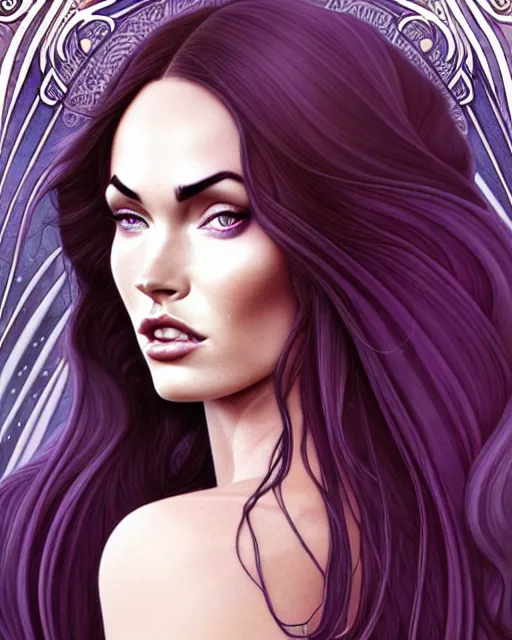 Image similar to new art nouveau portrait of fantasy goddess megan fox in the style of anna dittmann, patrick nagle, charlie bowater and loish. long windblown hair, very large, clear, expressive, and intelligent eyes. symmetrical, centered, ultrasharp focus, dramatic lighting, photorealistic digital matte painting, intricate ultra detailed background.