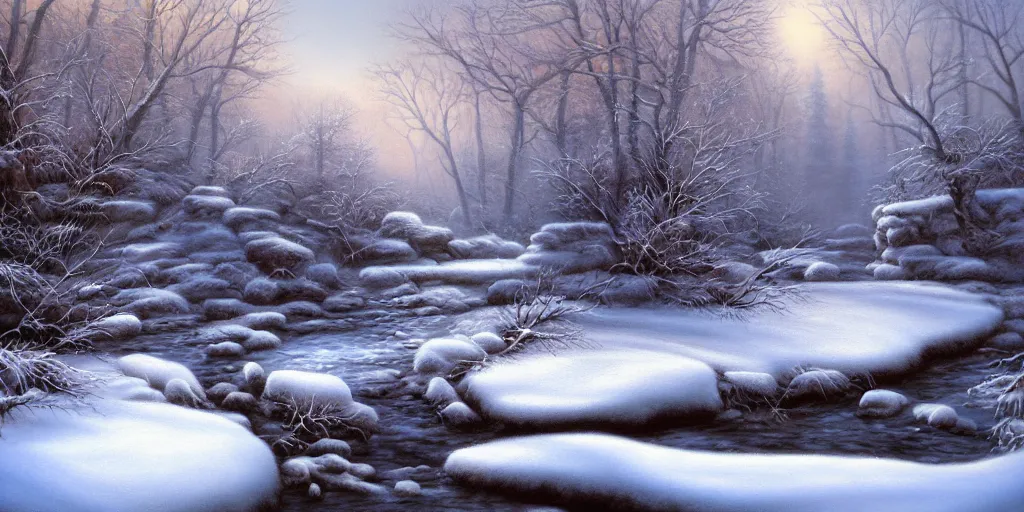 Image similar to a painting of a winter scene with a stream, an airbrush painting by terry redlin, deviantart, fantasy art, oil on canvas, airbrush art, matte painting