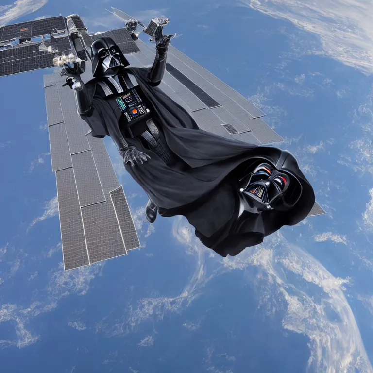 Image similar to photograph of darth vader on board the international space station, hyper realistic, fine detail