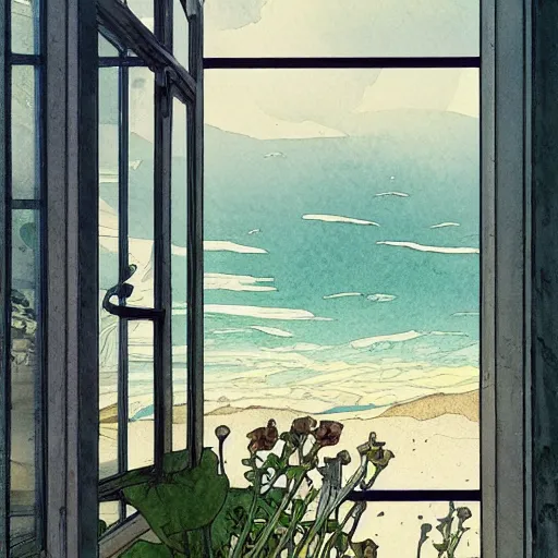 Prompt: a beautiful intricate watercolor illustration of a beach landscape view from a window, 4 k, ultra - wide angle, by william turner, by victo ngai, by alphonse mucha, by miho hirano, hd, trending on artstation, hyper detailed, muted colors