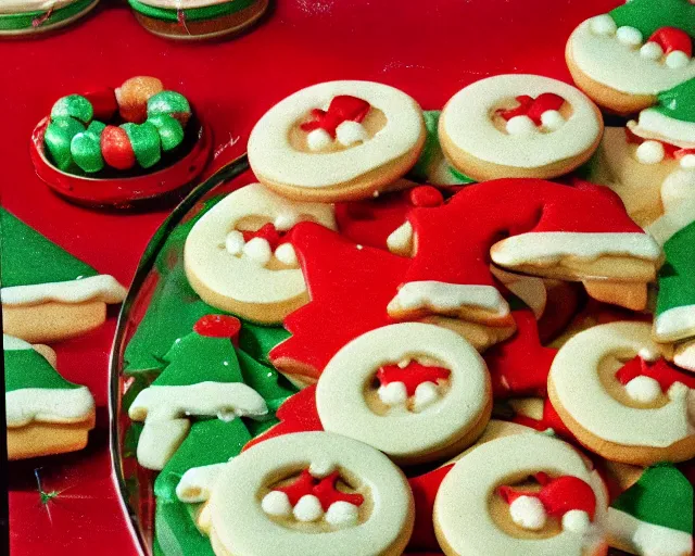 Prompt: 1970's cookbook color photograph of Christmas cookies sharp detail high detail