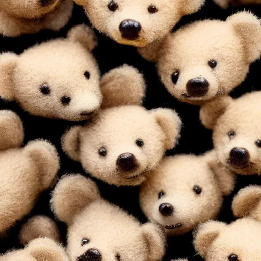 Image similar to macro shot photograph of dozens of extremely tiny realistic looking bears inside of a plastic tiny bears product food bag package, 4 k, highly detailed