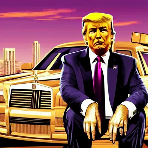Image similar to portrait of donald trump sitting on a roll's royce, gta 5 artwork, gold chain necklace, very detailed face, purple suit