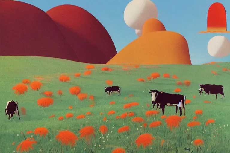 Prompt: giant retro - robot, cows, blooming hills with spring flowers and pillars by helen lundeberg