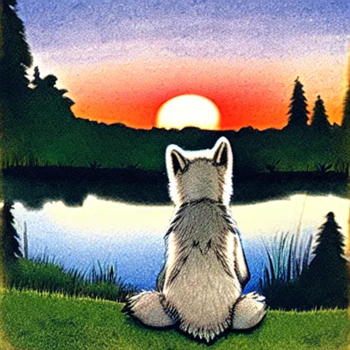 Image similar to view from behind of fluffy baby grey wolf sitting on the shore of a pond, looking out at a sunset, award winning illustration by maurice sendak and don freeman