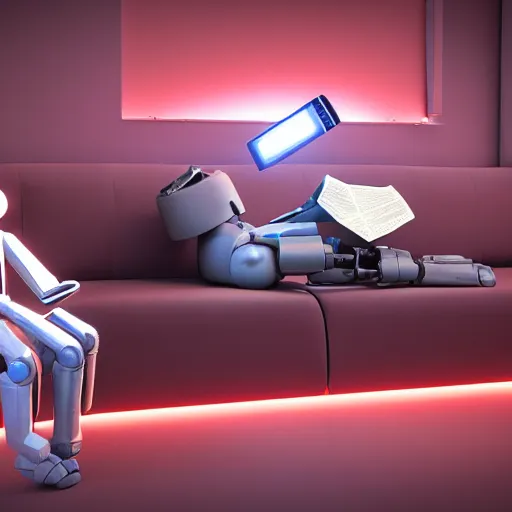 Image similar to futuristic lonely matte brown and red full-body humanoid robot with two huge round expressive sad purple glowing LED eyes and open rectangular mouth sitting on a large comfortable cushioned 1950s vintage recliner reading a newspaper. open newspaper. Cinematic Movie Photograph, Arri Alexa, Extremely Detailed, smooth, very very clean, 8K, octane render, maya render, unreal engine, trending on artstation, DSLR, excellent composition, center frame