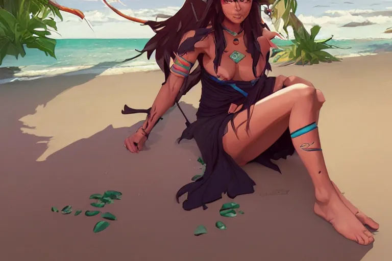 Image similar to half orc half elf woman, beautiful face and small orc tusks, tropical mage dress with high slit, several layers of fabric, sitting on the beach, by ilya kuvshinov, krenz cushart, Greg Rutkowski, trending on pixiv