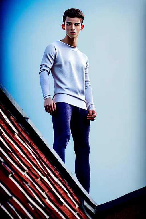 Image similar to un ultra high definition studio quality photographic art portrait of a young man standing on the rooftop of a british apartment building wearing soft padded silver pearlescent clothing. three point light. extremely detailed. golden ratio, ray tracing, volumetric light, shallow depth of field. set dressed.