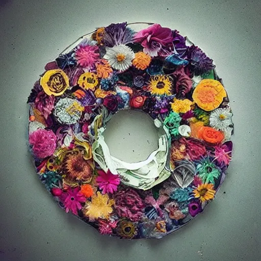 Prompt: “details analogue photo flower made of garbage and body parts”