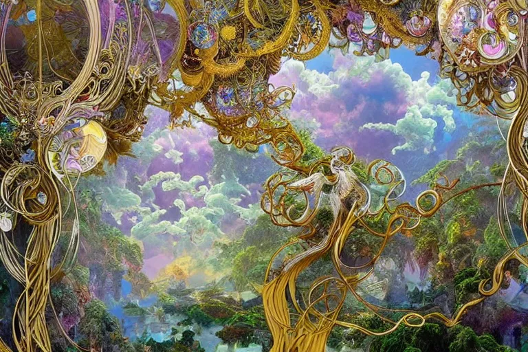 Image similar to a huge flock of many ornate intricate puffy filigreed clouds tangled into large whirling ultra detailed crystal specimens, art nouveau jungle environment, playful, award winning art, epic dreamlike fantasy landscape, ultra realistic,