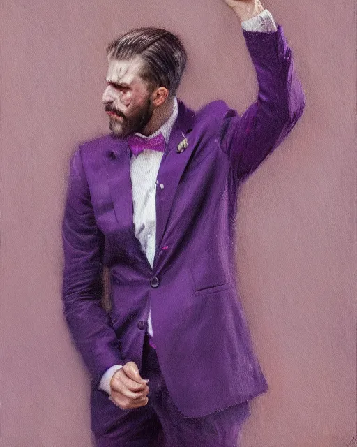 Prompt: An oil painting of a man in his twenties dressed in a purple suit, sleeked back hair, deranged face, highly realistic, highly detailed, 4k, by Greg Rutkowski, trending on artstation