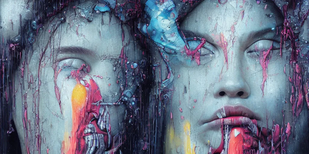 Image similar to portrait of Virgin Mary, melting ,8k,by tristan eaton,Stanley Artgermm,Tom Bagshaw,Greg Rutkowski,Carne Griffiths, Ayami Kojima, Beksinski, Giger,trending on DeviantArt,face enhance,hyper detailed,minimalist,cybernetic, android, blade runner,full of colour, super detailed
